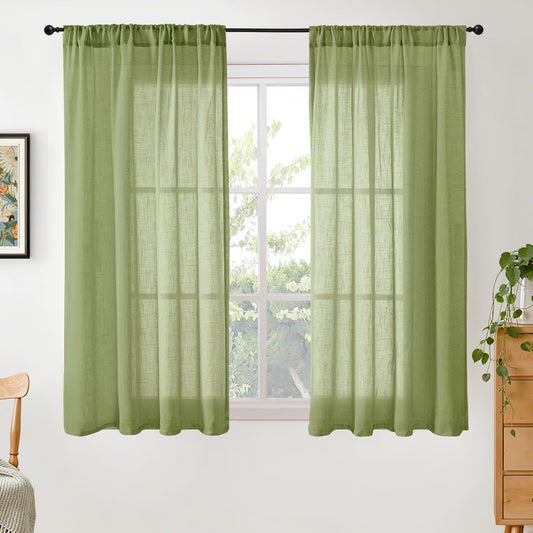 BGment 54 Inch Length Green Curtains for Short Living Room Windows - Natural Linen Drapes Rod Pocket Light Filtering for Dining Room Kitchen Country Lightweight Semi Sheer, 2 Panels Set, 42 X 54 Inch