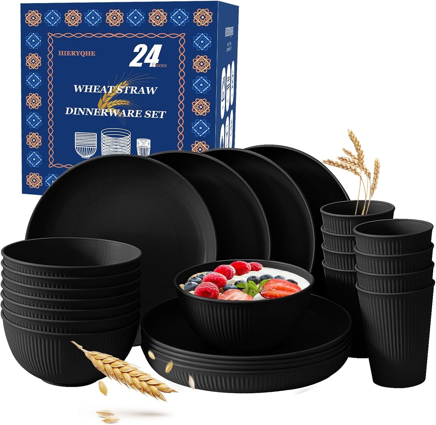 24pcs Wheat Straw Dinnerware Sets For 8, Unbreakable Plates and Bowls Wheat Straw Dinnerware Microwavable Cups Plates and Bowls Sets Shatterproof For Outdoor Kitchen Camping