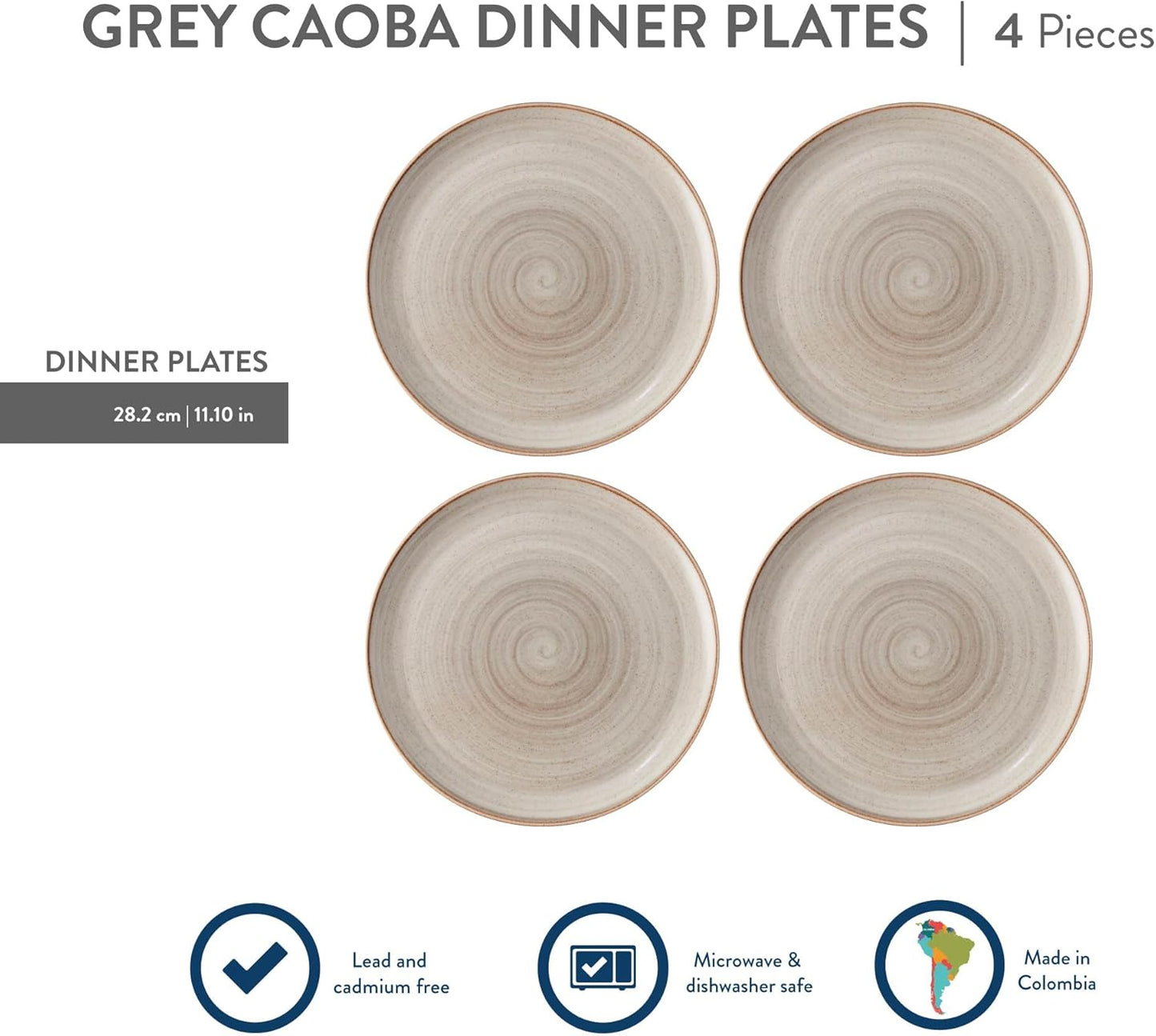 Corona 4 plates Set | Gray Caoba 11.1in | Service for 4|Ceramic| Hand Painted| Set 4 platos Pandos|Cerámica
