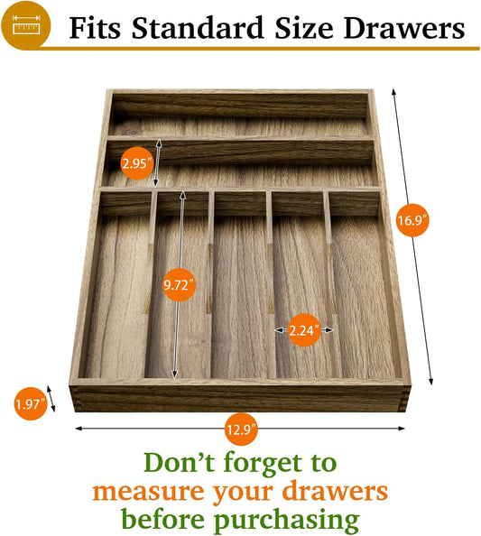 Acacia Wood Silverware Drawer Organizer, Kitchen Utensil Cutlery Drawer Organizer with Grooved Dividers, Flatware Organizer Silverware Tray Holder for Spoon, Fork, 13''x16.9'' (7 Slots)