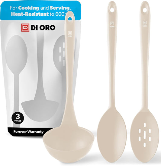 DI ORO Silicone Ladle & Spoons for Cooking – Large Kitchen Spoons for Mixing, Serving, & Stirring - Soup Ladle with Wide Bowl - High Heat Silicone Kitchen Utensils for Nonstick Cookware Safe (Clay)