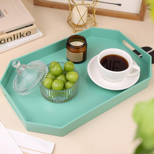 Green Octagonal Serving Tray with Handles for Coffee Table, Plastic Decorative Tray for Ottoman, Kitchen Counter, Living Room, Outdoor Lacquer Tray for Entertaining