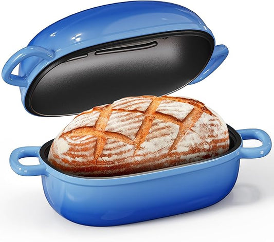 Cast Iron Dutch Bread Oven - 2.5QT Dutch Oven for Sourdough Bread Baking, Cast Iron Bread Loaf Pan with Lid, Easy Homemade Sourdough Dutch Oven, Blue Oval Bread Baking Pan, Gift for Family & Baker
