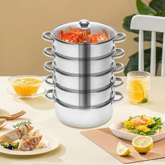 5 Tier Stainless Steel Steamer Pot Food Steamer Cooker,Stackable Vegetable Steam Pot with Glass Lid,Kitchen Multi Tier Steamer Cookware Pot for Cooking Corn,Dumpling,Fish (26cm)