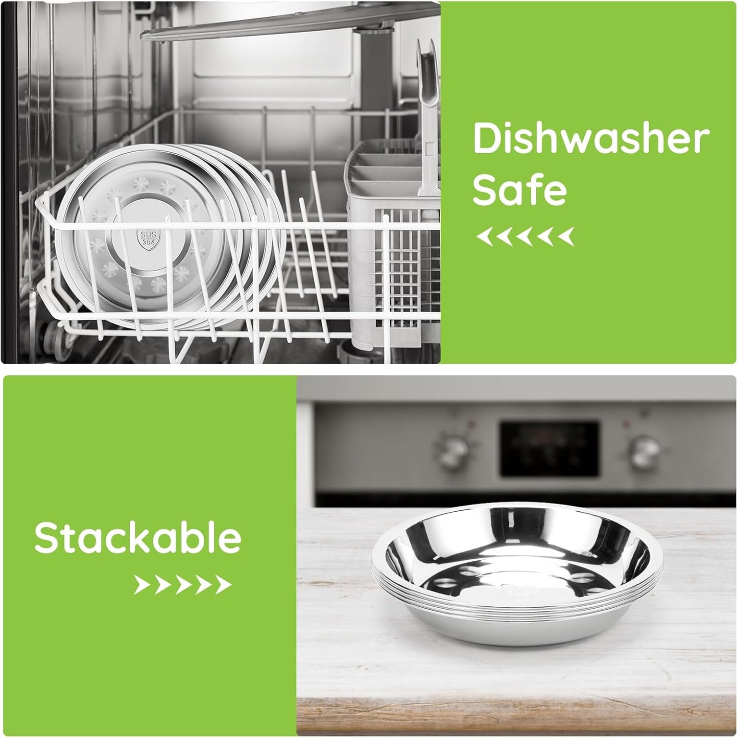 Patterned Deep Stainless Steel Plates, 8 Set 7 inch 304(18/8) Metal Food Serving Plate, Reusable Snack Eating Dishes Round Shatterproof Silver Dinnerware for BBQ Dinner Oven Dishwasher Safe