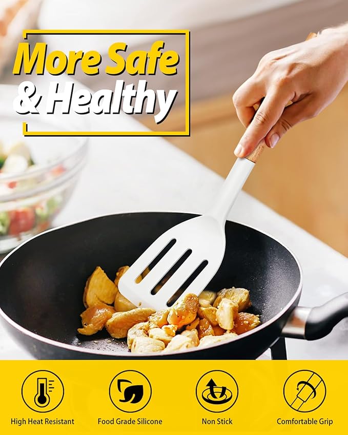 Pack of 2 Silicone Cooking Spatula, Heat Resistant Solid Turner, Non Stick Slotted Spatulas with Wooden Handle,Ideal Wood Kitchen Utensils Set for Frying, Baking, Flipping, Turning (WHITE)