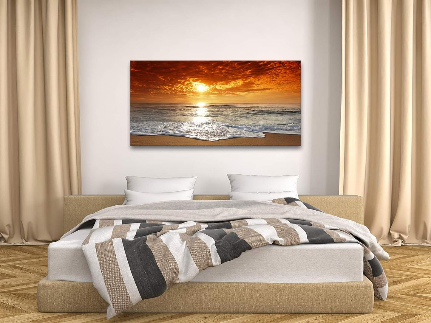 Muolunna S04650 Canvas Prints Wall Art Sunset Ocean Beach Pictures Photo Paintings for Living Room Bedroom Home Decorations Stretched and Framed Ready to Hang Seascape Waves Artwork 20x40inch