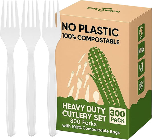 Heavy Duty Compostable Forks (300Pack), Eco-Friendly Heavyweight No-Plastic Fork - 100% Disposable Forks Cornstarch Flatware for Lounge Party Wedding BBQ Picnic Camping