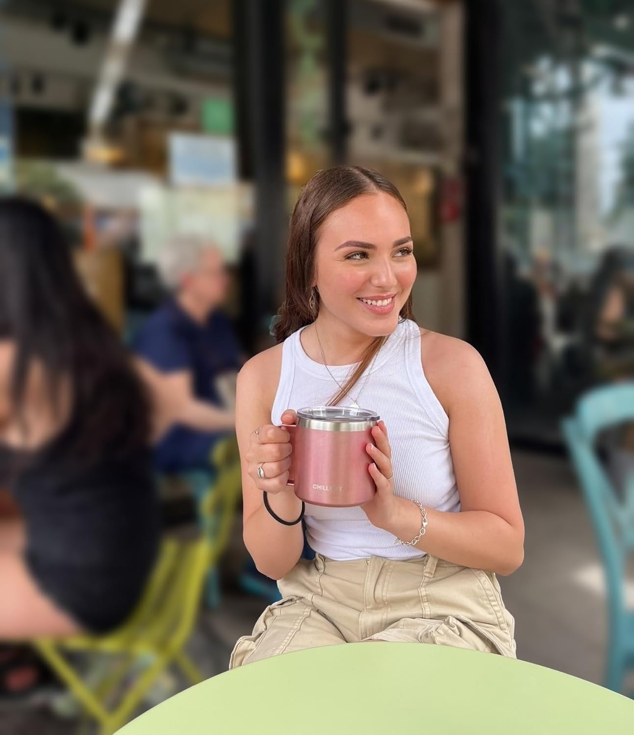 CHILLOUT LIFE Stainless Steel 16 oz - Vacuum Insulated Coffee Mug with Handle and Lid, Large Thermal Camping Coffee Mug Cup with Durable Sliding Lid for Women - Rose Gold