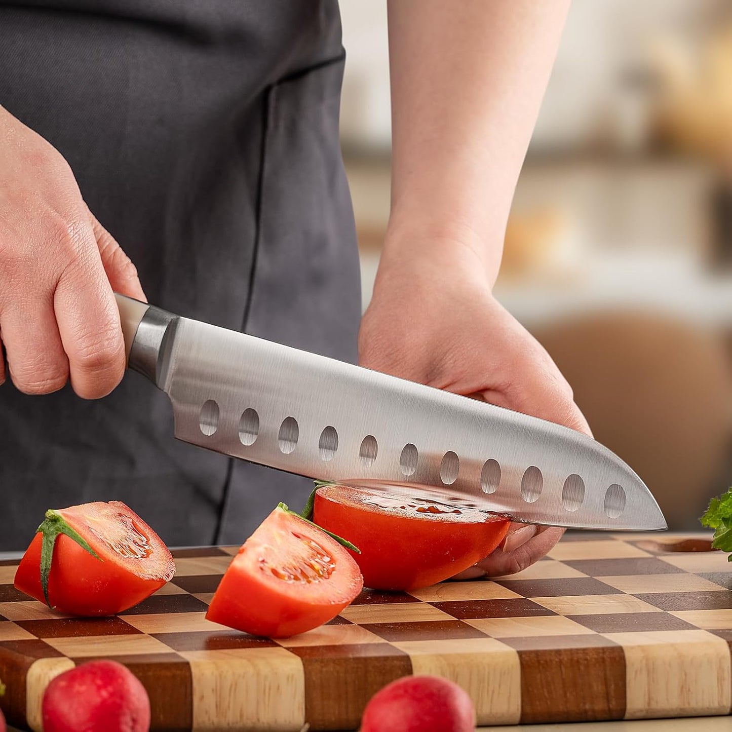 KUNYUAN Kitchen Knife Set, 15-Piece Knife Set with Self-Sharpening Block, Dishwasher Safe, 6 Steak Knives, Anti-Slip Handle, White