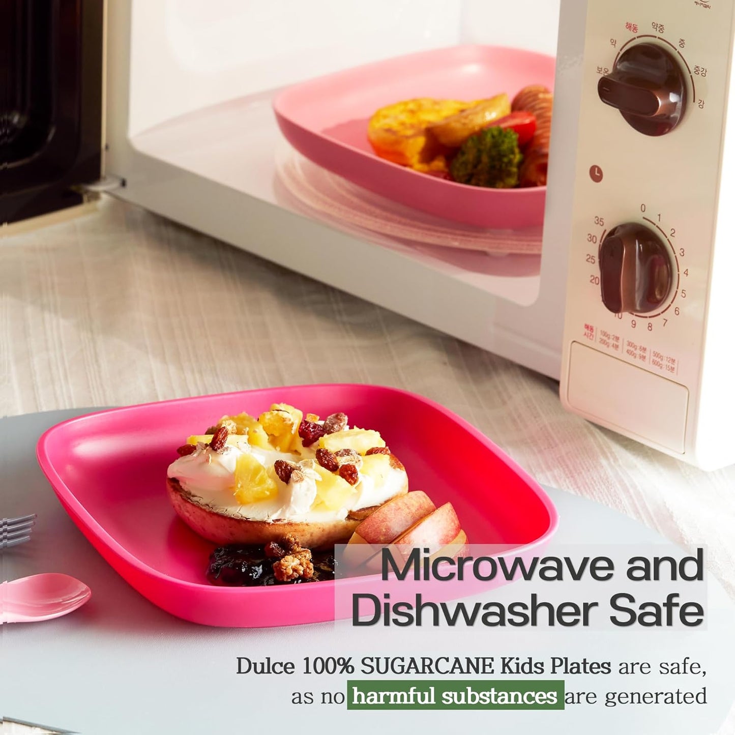 SUGARCANE Kids Plates 5Pack (7.9”) + Coconut Pad 2Pc- Organic Dishes for Toddler to Big Kids - USDA Certified – Microwaves & Dishwasher Safe – BPA Free, Unbreakable, Reusable - Multi