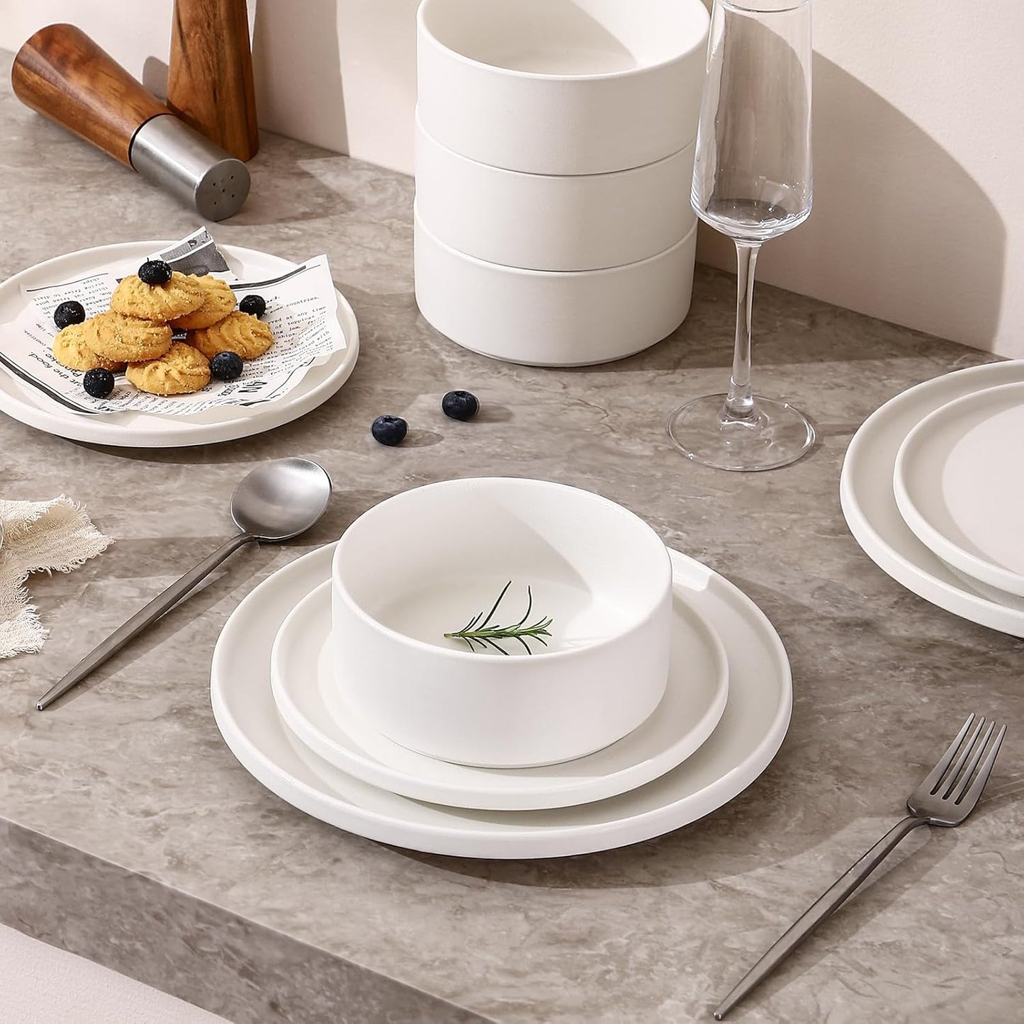 GZG Classic Series - Plates and Bowls Set for 8, 24 Piece Stoneware Dinnerware Sets, Microwave and Dishwasher Safe Lead-Free Handcrafted Ceramic Dishes Set - Ivory White