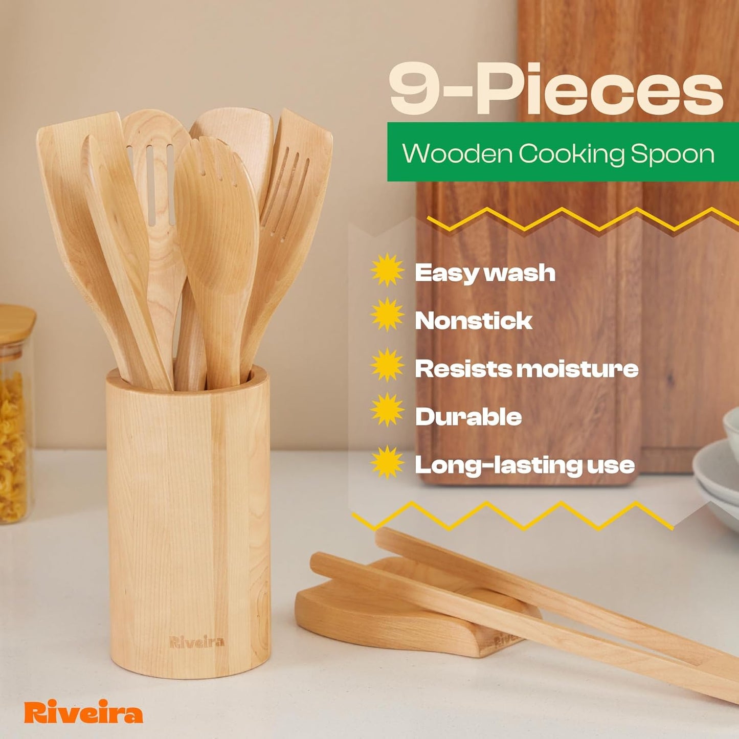 Riveira Maple Wooden Cooking Utensils Set of 9 Premium Quality Non-Toxic Wooden Spoons & Spatulas for Cooking, Stirring, Serving & Flipping