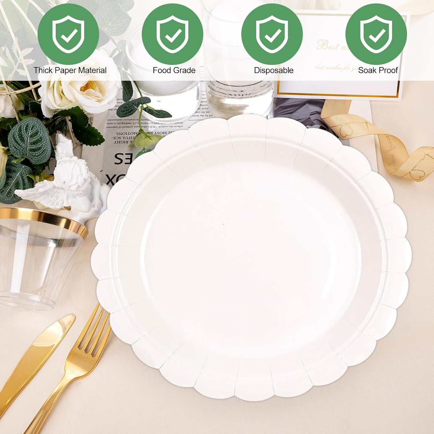 50Pcs Lvory Paper Plates-7 Inch Solid Color Scalloped Design Birthday Dinnerware Set Disposable Dinner Party Supplies for Wedding Baby Shower Table Decor Pininc Fall Party Decor