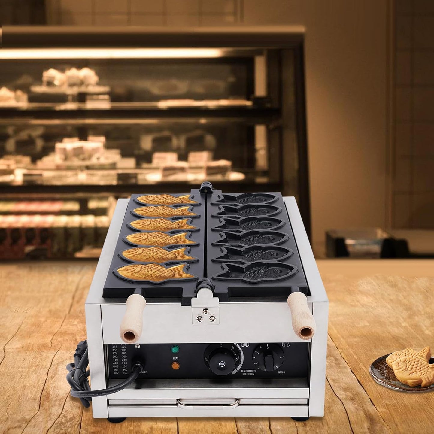 6Pcs Commercial Taiyaki Fish Waffle Maker 3000W Electric Nonstick Fish-Shaped Waffle Baker Machine for Family, Restaurants, Food Stores