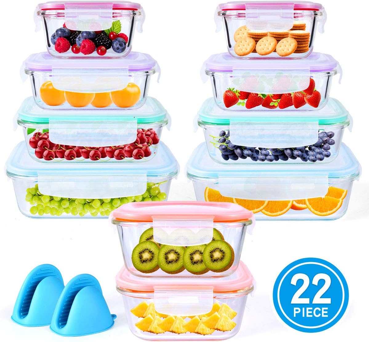 20 Pc Glass Food Storage Containers with Snap Lock Lids, Airtight & Leakproof, Bonus 2 Oven Silicone Gloves, Safe for Dishwasher, Oven, Microwave,Freezer, BPA Free
