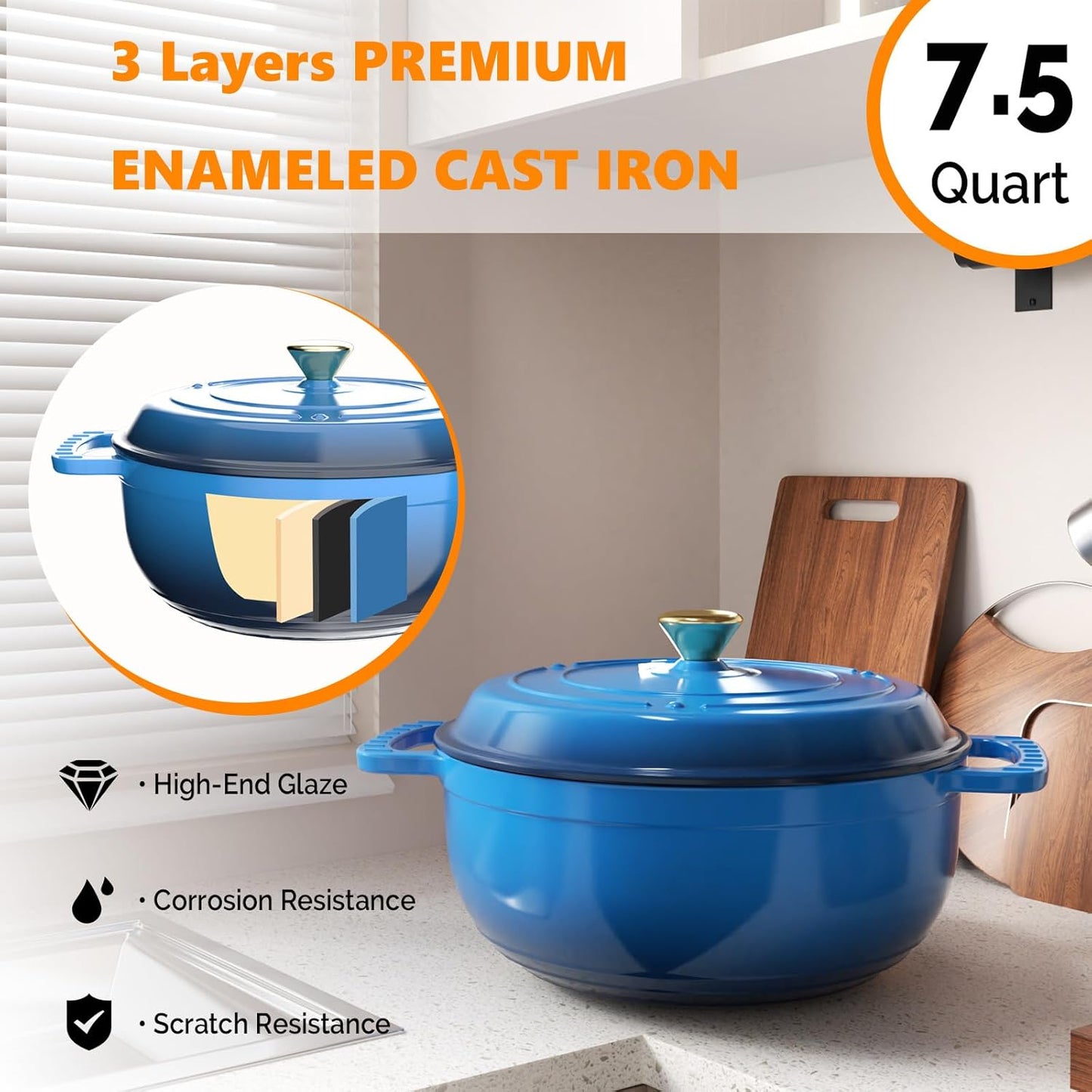 BONNLO 7.5QT Round Dutch Oven, Enameled Cast Iron Dutch Oven Pot with Lid & Dual Handles, Oven Safe Up to 500° F, for Sourdough, Bread Baking, Stews and Roasting (Blue)