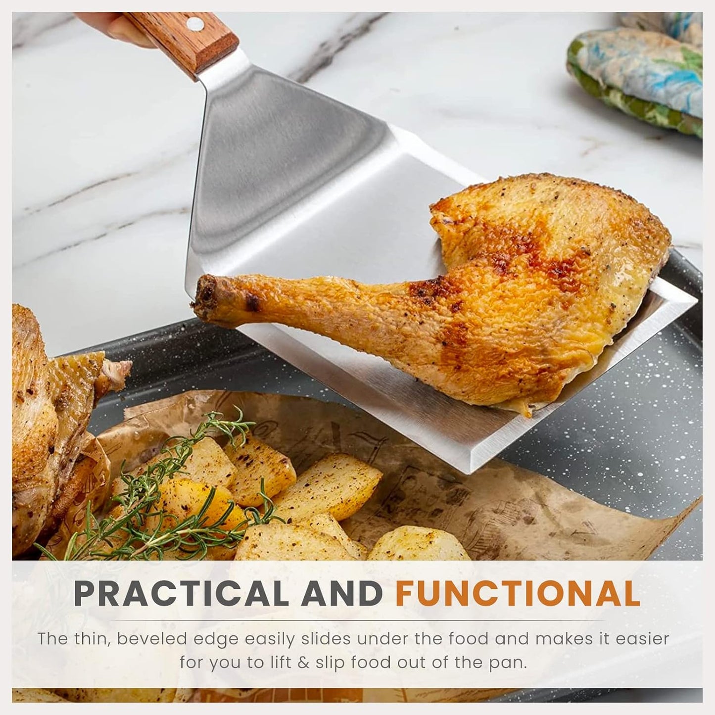 Extra Wide Spatula with Beveled Edges, Oversized Stainless-Steel Spatula with Wood Handle for Skillets, Griddles & Pancake Flipper for Burgers, Omelet, and Versatile for Culinary Task, 6 x 5-inches