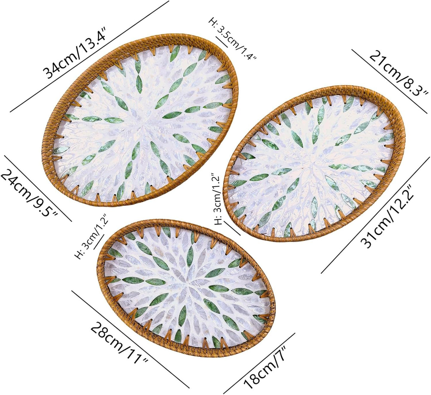 i-lan Set of 3 Oval Rattan Serving Trays with Mother of Pearl Inlay, 13" 12" 11" Woven Platters for Home Decor, Coffee Table, Vanity & Display