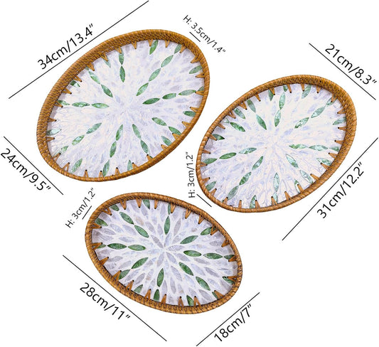 i-lan Set of 3 Oval Rattan Serving Trays with Mother of Pearl Inlay, 13" 12" 11" Woven Platters for Home Decor, Coffee Table, Vanity & Display