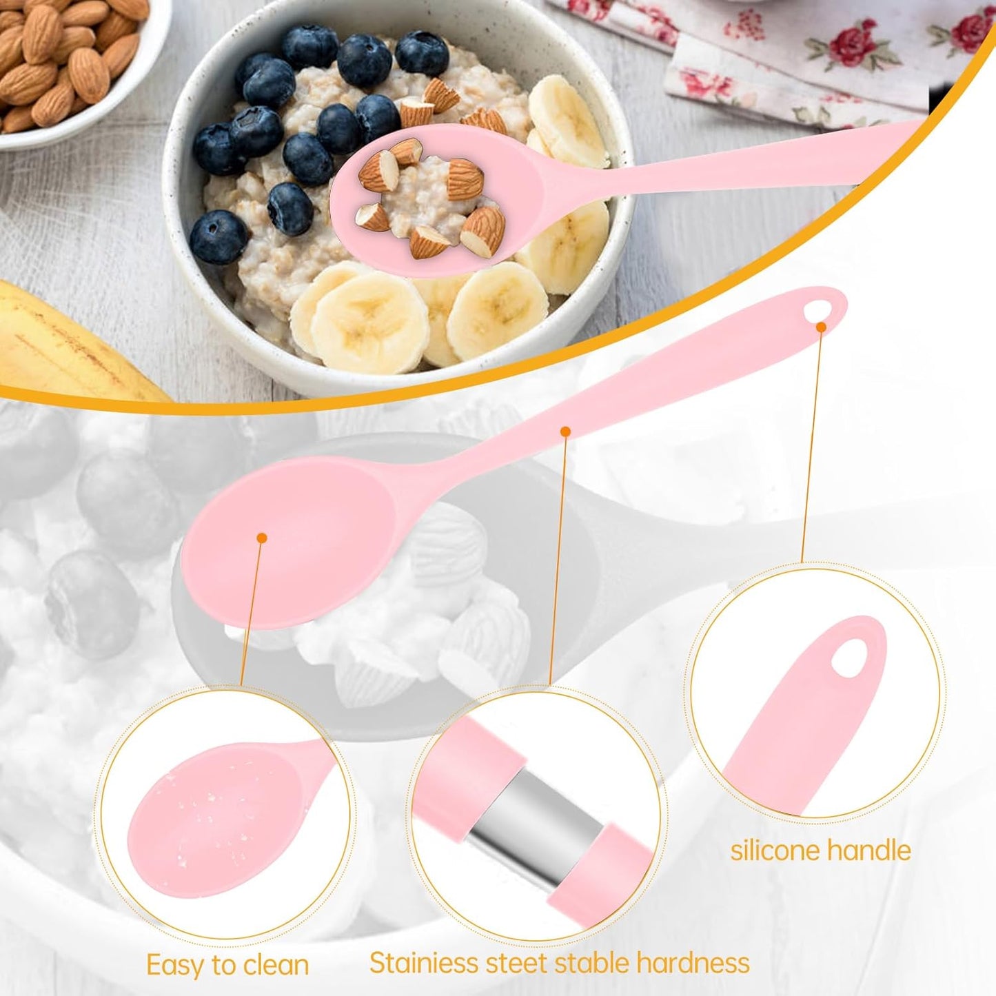 2 Pcs Silicone Nonstick Mixing Spoon, Silicone Spoons for Cooking Heat Resistant, Cooking Utensil for Kitchen Cooking Baking Stirring Serving (Pink)