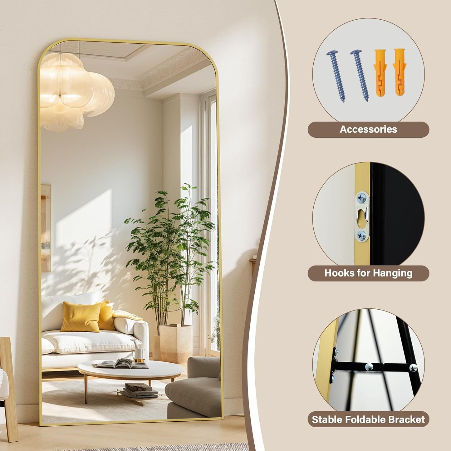 77x38 Inch Floor Length Mirror with Stand, Full Length Standing Mirror for Bedroom, Full Body Tall Mirrors with Modern Aluminum Alloy Frame in Gold, Home Decor