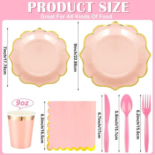 Yaomiao 168 Pcs Pastel Scalloped Paper Plates Cups Napkin with Gold Foil Macaron Colored Disposable Dinnerware Set Serve 24 Guests Princess Birthday Party Baby Shower Decorations(Multicolor,Irregular)