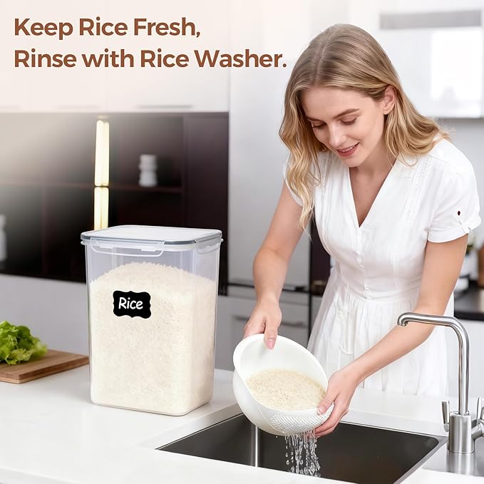 ComSaf Rice Container Set of 2(9.5L/10Qt), Large Airtight Food Storage Containers with Lid and Rice Washer, Plastic Canisters Sets for The Kitchen, Pantry Organizers for Flour, Cereal and Cooking