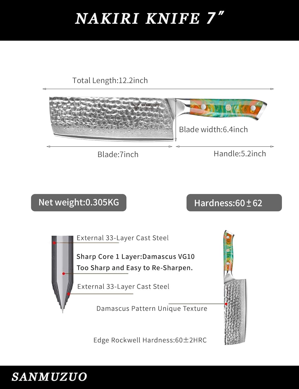 7" Nakiri Knife - Vegetable Cleaver Kitchen Knives - Japanese Usuba Knife - Hammered Damascus Steel & Resin Handle - YAO Series