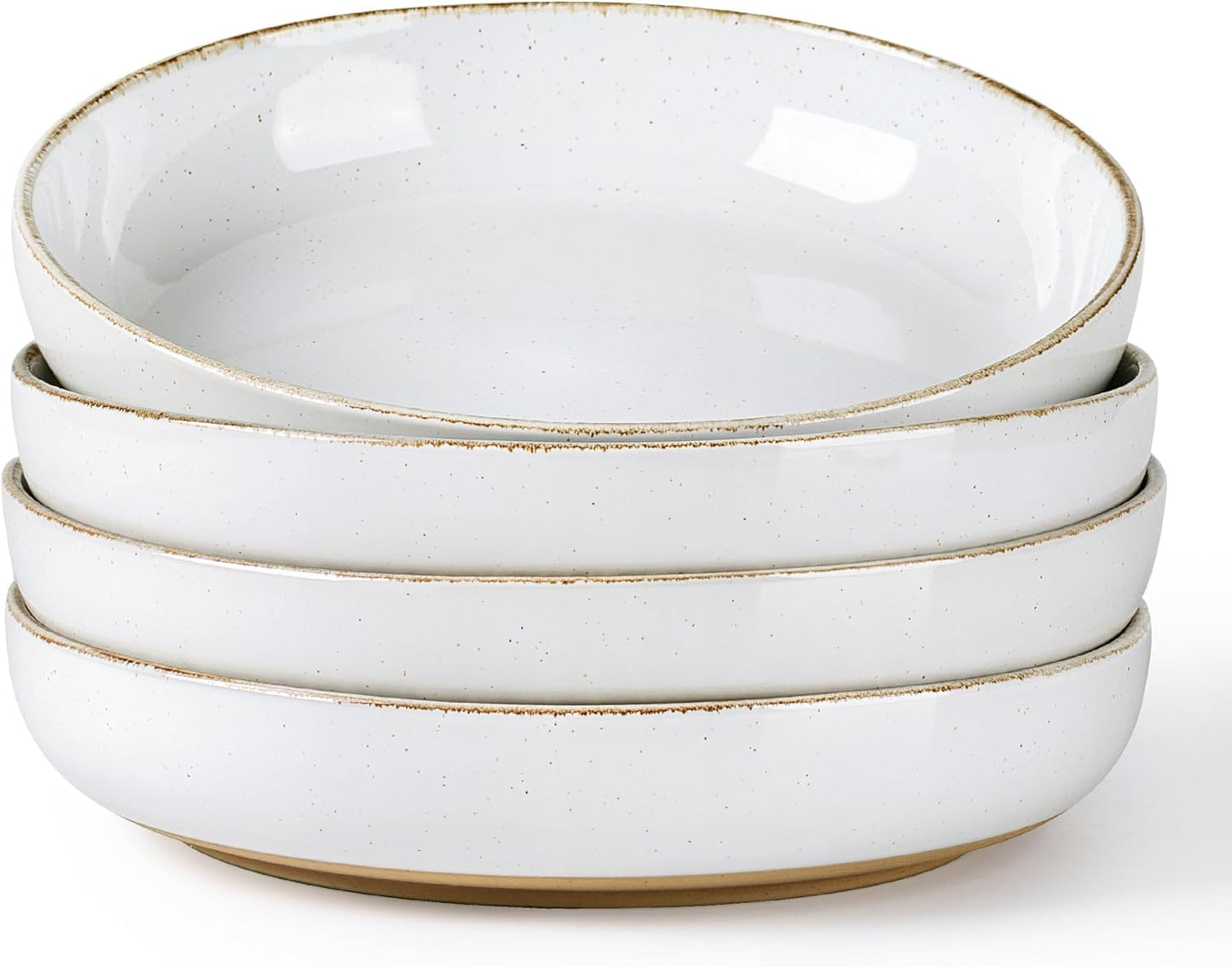 AmorArc 8.75'' Large Ceramic Pasta Bowls, 36oz Handpainted Stoneware Bowls Set of 4, Microwave&Dishwasher Safe Bowls with Wavy Rim&Rustic Terracotta Underside for Pasta Salad, White-Handbrush Rim