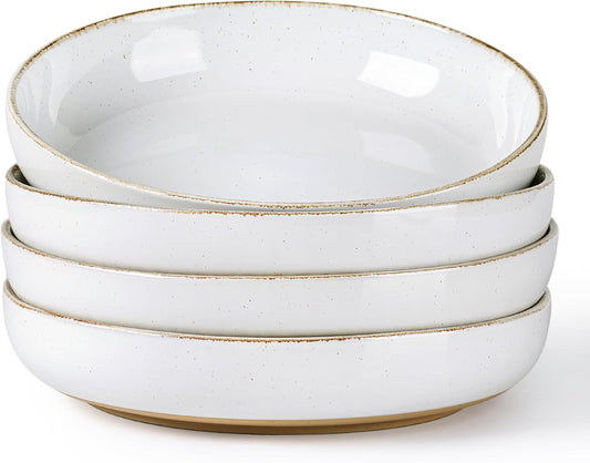 AmorArc 8.75'' Large Ceramic Pasta Bowls, 36oz Handpainted Stoneware Bowls Set of 4, Microwave&Dishwasher Safe Bowls with Wavy Rim&Rustic Terracotta Underside for Pasta Salad, White-Handbrush Rim
