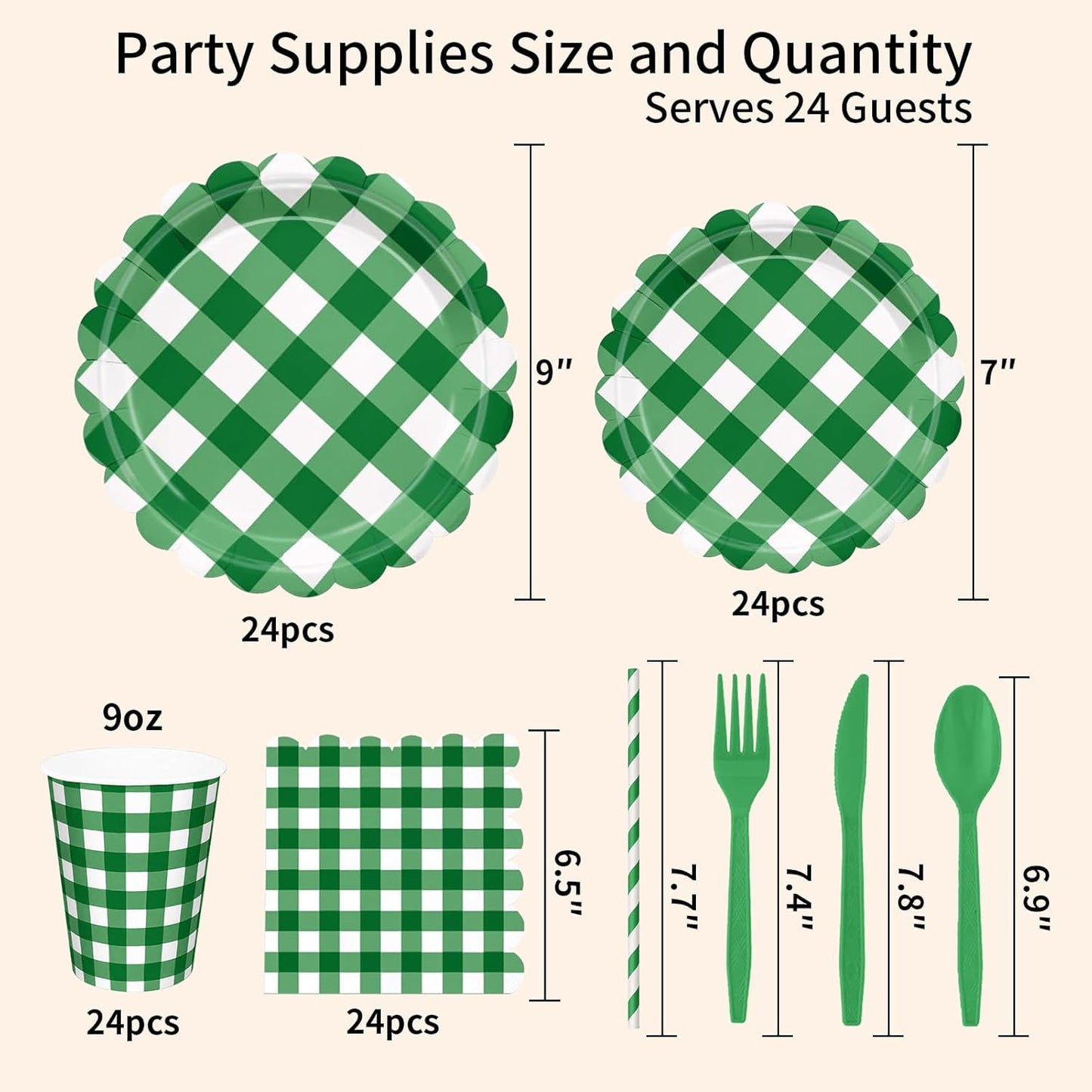 192 PCS Gingham Party Supplies Serve 24 Guests Gingham Plates and Napkins and Cups for Birthday Decorations Baby Shower Checkered Party Dinnerware Sets for Girl Boy Dark Sage Green Christmas