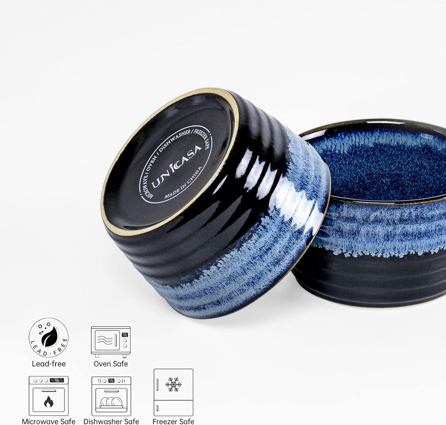 UNICASA Ramekin Set of 2, UNICASA 8 oz Creme Brulee Ramekins, Oven Safe Baking Set for Custard, Pudding, Souffle Cups, Reactive Blue