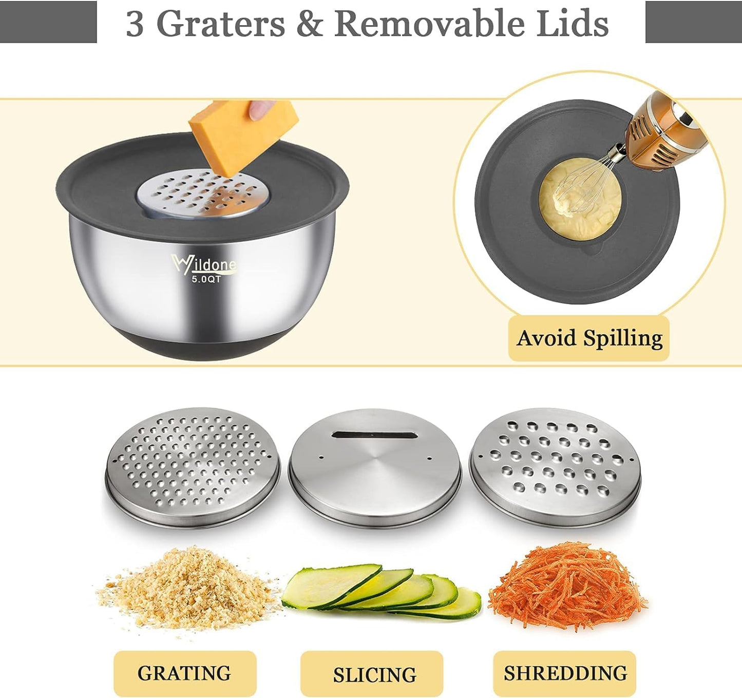 Wildone Mixing Bowls with Airtight Lids, 22 PCS Stainless Steel Mixing Bowls Set, 3 Grater Attachments, Measurement Marks & Non-Slip Bottom, Size 5, 4, 3, 2,1.5, 0.63QT, Ideal for Mixing & Prepping