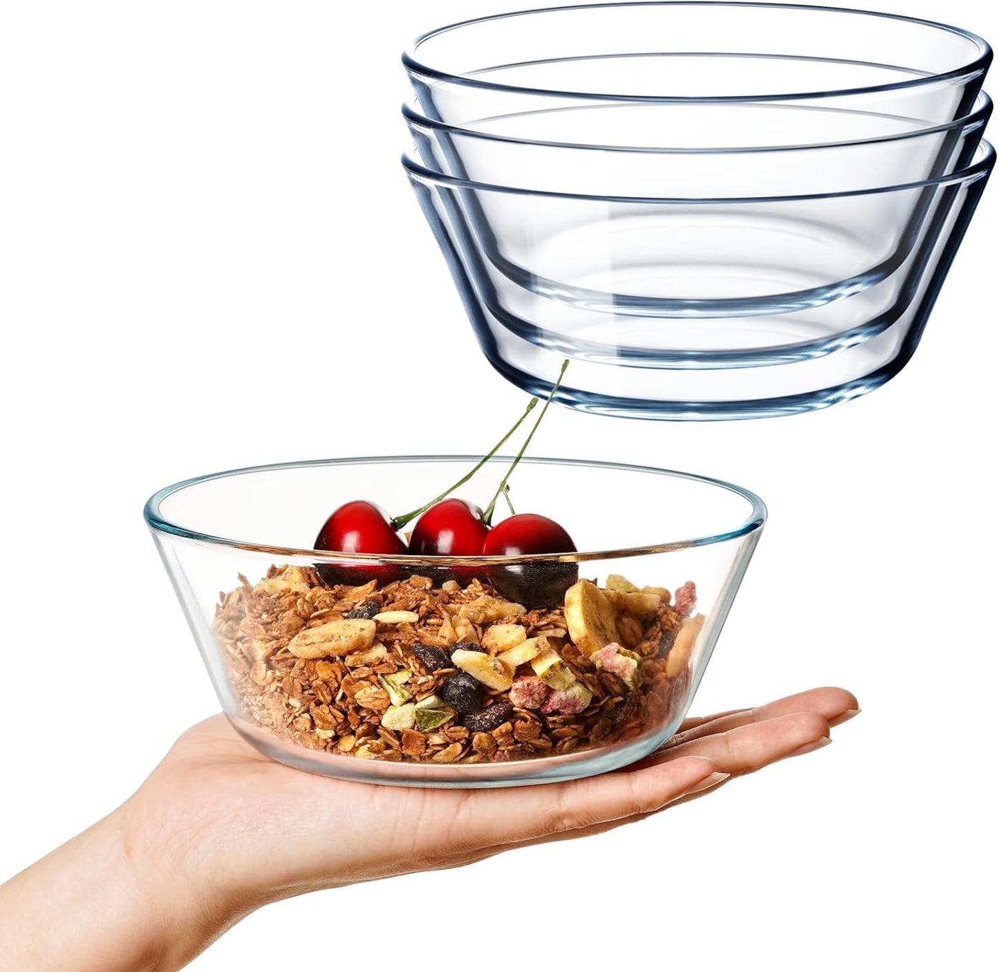 NUTRIUPS 25oz Flat Bottom Small Glass Bowls Set of 4, 6in Clear Glass Cereal Bowls, 0.8L Shallow Glass Bowl for Kitchen, Microwave and Oven Safe