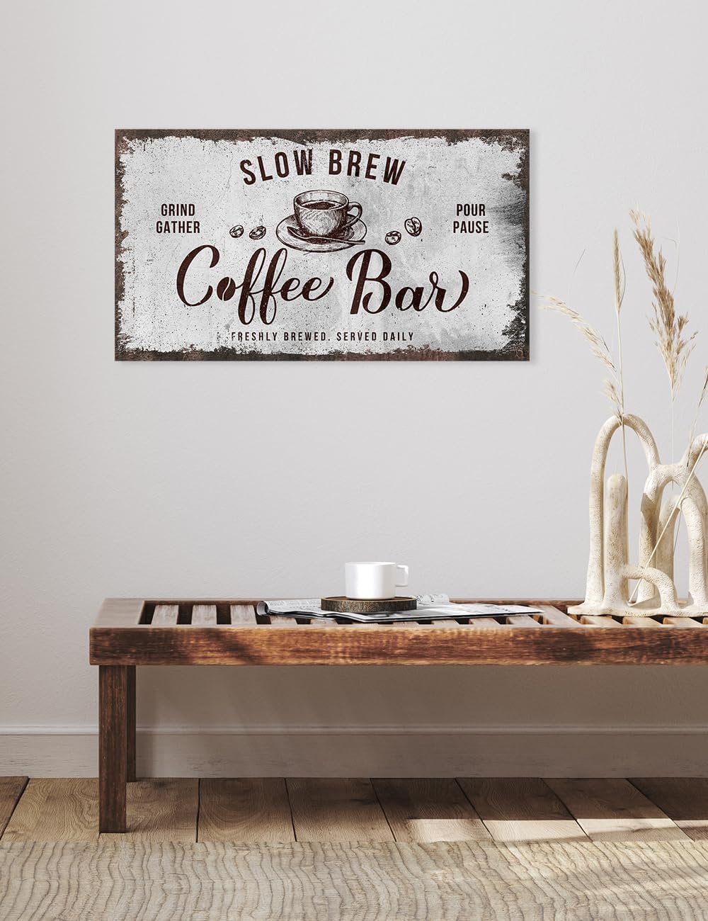 IPIC - Rustic Coffee Bar Sign Slow Brew, Canvas Print Wall Art for Home and Coffee Station, Rustic Industrial Style Wall Decor for Kitchen and Cafe