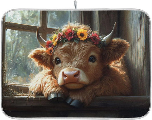 Cute Highland Cow with Flowers Dish Drying Mat for Kitchen Counter Super Absorbent Dishes Pad Reversible Microfiber Protector Dish Draining Mats 18x24 inch