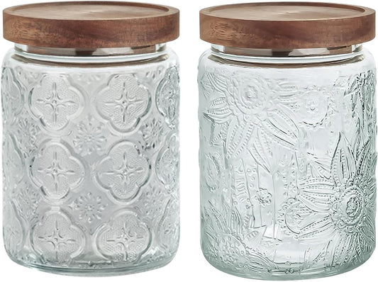 24 OZ/2 PCS Glass Storage Jar with Airtight Bamboo Wooden Lids, Vintage Food Containers Canisters Sets for Kitchen Counter Pantry, Sugar, Flour, Candy, Tea, Coffee Beans, Oats, Grain Bin, Pasta,