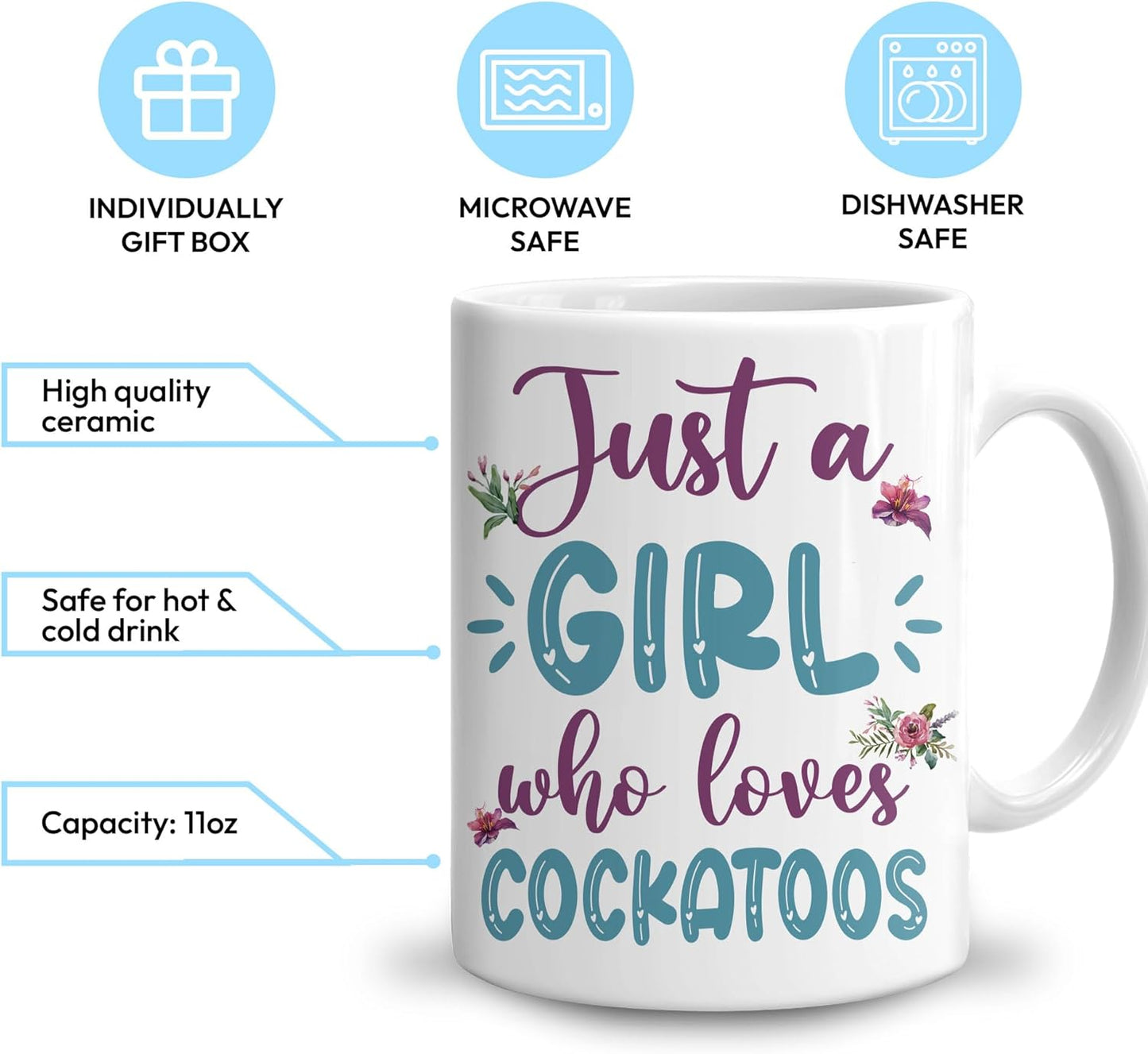 Hyturtle Personalized Gifts Cockatoo Lover - Just A Girl Who Loves Cockatoos Custom Name Ceramic Coffee Mug Cup 11oz - Idea Cute Animal Lover Gifts For Women, Girl Daughter On Birthday, Christmas