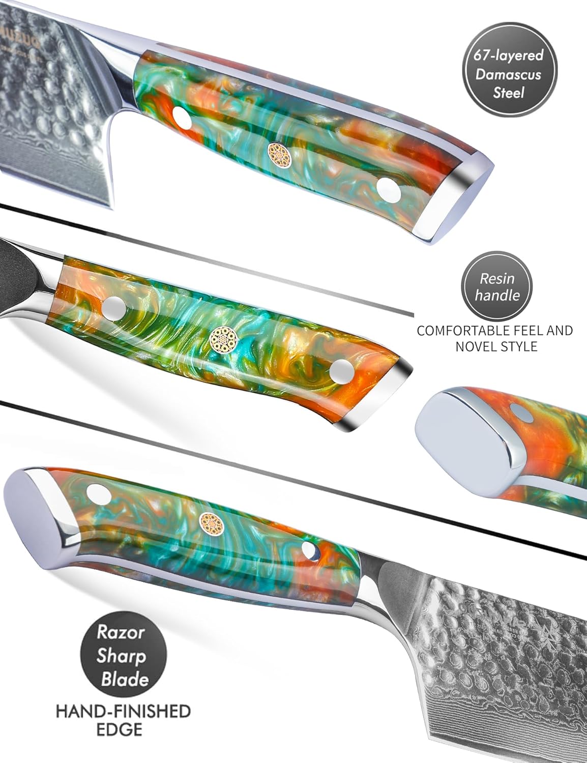 7.5" Nakiri Knife - Kitchen Vegetable Cleaver - Japanese Usuba Knife - Hammered Damascus Steel & Resin Handle - YAO Series