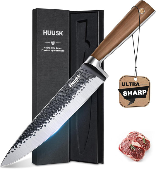 Huusk Japanese Chef Knife 8 Inch Gyuto Kitchen Knife Hand Forged Sushi Knives with Ergonomic Handle Professional Cooking Knife for Cuttting Meat Vegetables Premium Giftbox
