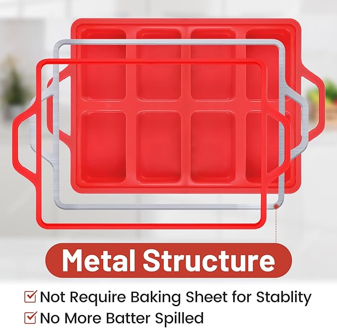 Mini Loaf Pan Silicone, Metal Reinforced Silicone Mini Bread Loaf Pan Nonstick Cornbread Pan 8 Cavities Small Loaf Pans for Baking Bread, Loaf, Meatloaf, Brownie, Butter 1Pack Red