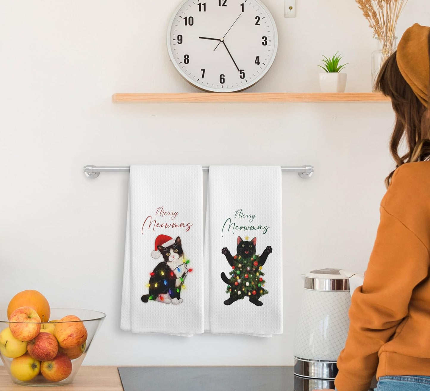 Black Cat Christmas Tree Lights Decor Kitchen Towels and Dishcloths Set of 2, Cat for Cat Lovers, Funny Cat Drying Cloth Hand Towels Tea Towels for Bathroom, 16×24 Inches