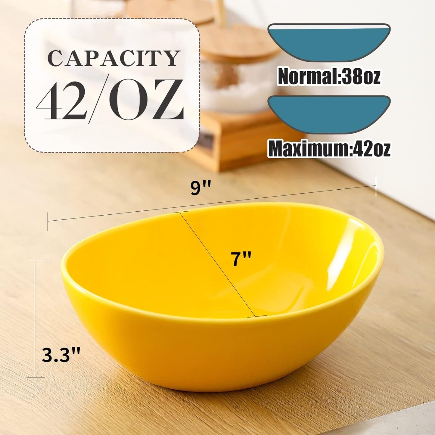 Hasense Large Serving Bowls, Ceramic Salad Mixing Bowls, 42 Ounce Serving Dishes for Entertaining, Oval Pasta Bowls for Soup Salad Popcorn Side Dishes, Set of 4, Yellow