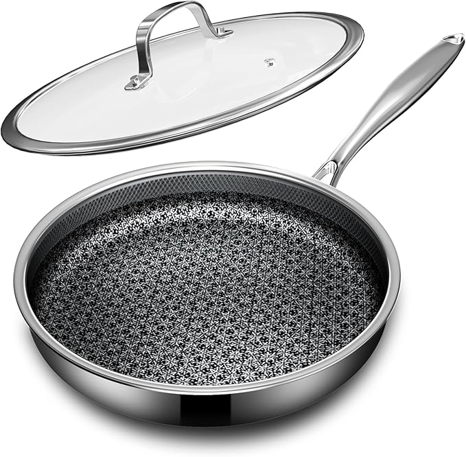 Non Stick Frying Pans with lid, 12 inch Hybrid Frying Pans Nonstick, non stick Stainless Steel Skillets, Dishwasher and Oven-Safe, nonStick Cookware, Induction Compatible Cooking Pan