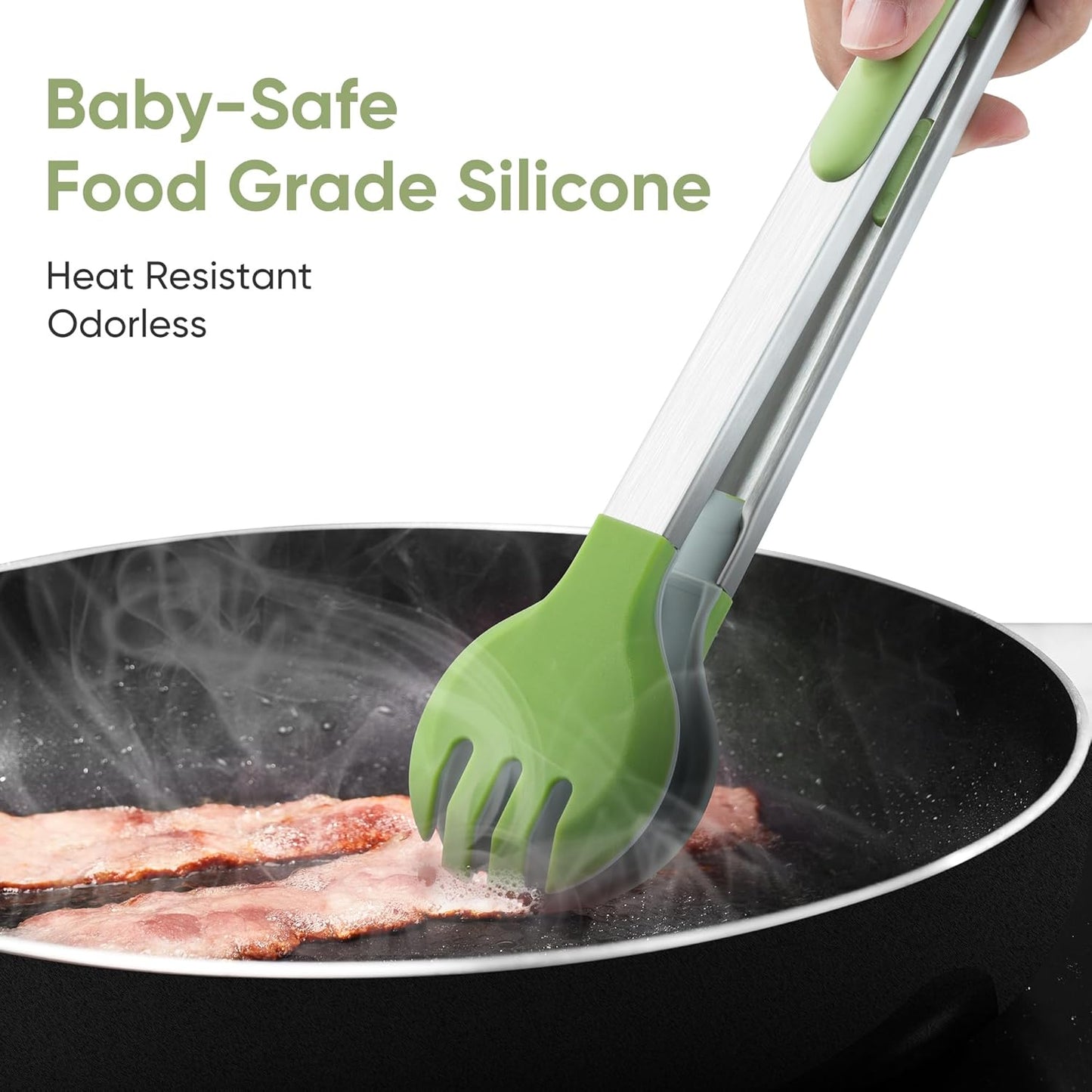 12 Inch Cooking Tongs, 2-in-1 Design with 0.5oz Measure Spoon, Stainless Steel Kitchen Tongs with Silicone Tips, Non-Stick Food Tongs for Cooking, Grilling, BBQ, Salad, Buffet, Serving (12", Green)