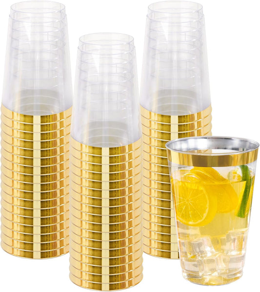 I00000 50 Pack 20 oz Gold Plastic Cups, Elegant Gold Rimmed Plastic Cups, Disposable Cocktail Glasses Wine Glasses, 20 oz Premium Tumblers Perfect for Birthday, Party & Wedding