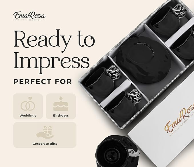EmaRosa Ceramic Tea Cup Set with Silver Handle – Black Faceted Teacup and Saucer Set of 4 – Elegant Mugs Set of 4 for Coffee or Tea – Luxury Gift Box