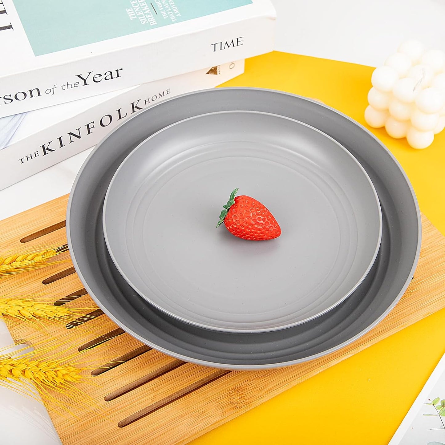 LIYH 48 Pcs Grey Plastic Wheat Straw Dinnerware Set - Plates and Bowls Sets, Camping Dish Set for 12, Unbreakable Dishwasher Safe Wheat Straw Plates Bowls Reusable 12 Guests