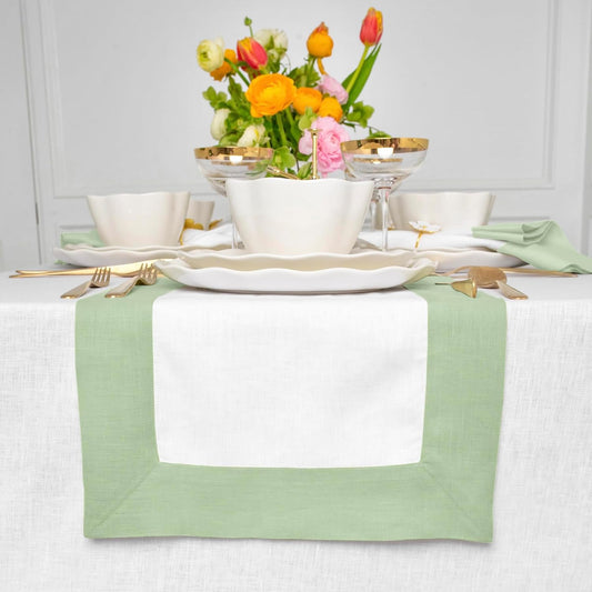 Solino Home Linen Table Runner 120 Inches Long - 100% Pure Linen Light Green and White Dining Table Runner 14 x 120 Inch - Contempo